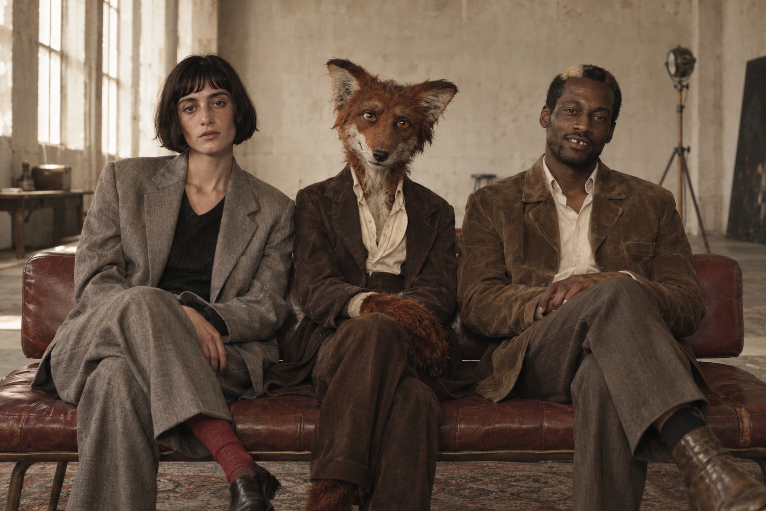 The Castclub ensemble: Mara, a film artist; Fox, a practical puppet character; and Sol, a musician, seated in an ivory studio